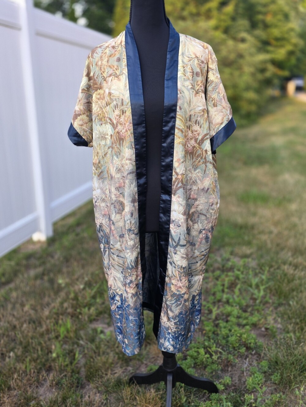 H&M Floral Open Front Kimono Duster Cardigan Small Boho Blue Ombre